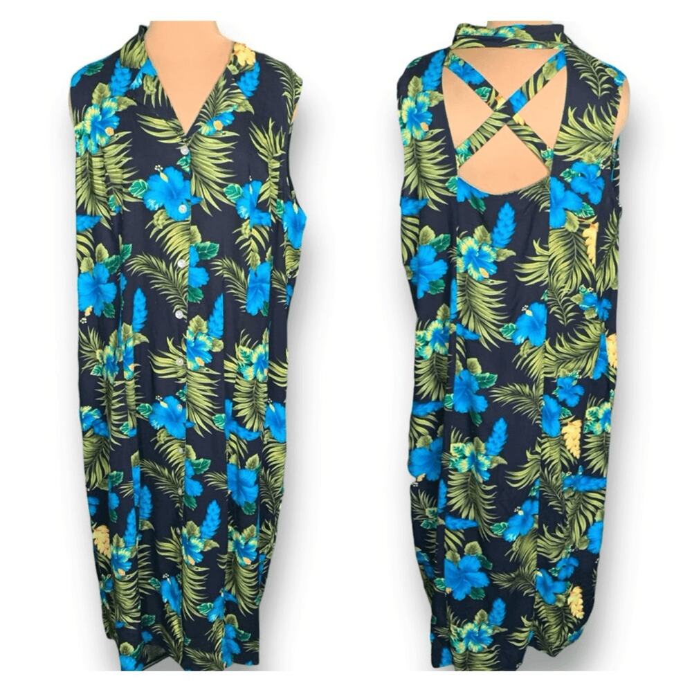 Vintage 90s Plus Size Shirt Dress Tropical Blue Dark Floral Pattern Open Back